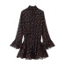 Half high neck flared sleeve printed short skirt dress for women