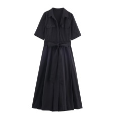 Collar short sleeved single breasted shirt solid color dress for women