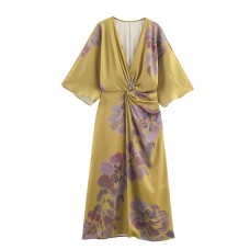 V-neck five quarter sleeve printed MIDI dress for women