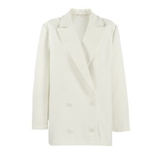 Vintage Preppy Style Beige Wool Blazer for Women, Notch Lapel, Mid-Length, Loose Fit, Double-Breasted Suit