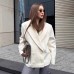 Vintage Preppy Style Beige Wool Blazer for Women, Notch Lapel, Mid-Length, Loose Fit, Double-Breasted Suit