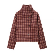 Stand up collar long sleeved plaid versatile short woolen top for women