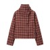 Stand up collar long sleeved plaid versatile short woolen top for women