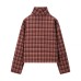 Stand up collar long sleeved plaid versatile short woolen top for women