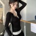 Color-blocked Spliced Long Sleeve V-neck Top for Women