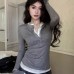 Color-blocked Spliced Long Sleeve V-neck Top for Women