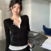 Color-blocked Spliced Long Sleeve V-neck Top for Women