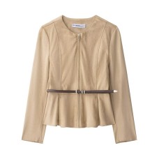 Round neck long sleeved waistband suede solid color top for women