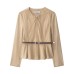 Round neck long sleeved waistband suede solid color top for women