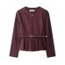 Round neck long sleeved waistband suede solid color top for women