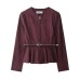 Round neck long sleeved waistband suede solid color top for women