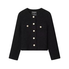 Round neck long sleeved single breasted solid color jacket for women