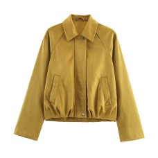 Collar long sleeved zipper solid color jacket for women