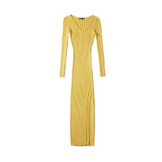V-neck Geometric Texture Knit Long Sleeve Dress Design Side Slit Fitted Sexy Bodycon Midi Dress