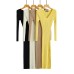 V-neck Geometric Texture Knit Long Sleeve Dress Design Side Slit Fitted Sexy Bodycon Midi Dress