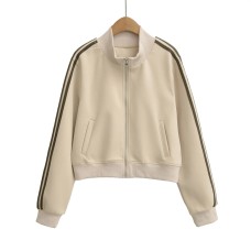 Stand-up Collar Zipper Hoodie Jacket for Women, Long Sleeve Striped Loose Casual Sporty Short Top