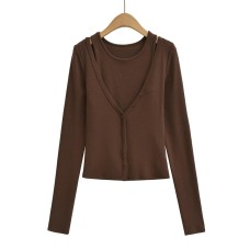 Retro Brown Tank Top Set for Women, Short Length Fitted Cardigan Long Sleeve Tops Two-Piece Solid Color