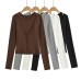 Retro Brown Tank Top Set for Women, Short Length Fitted Cardigan Long Sleeve Tops Two-Piece Solid Color