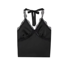style lace halter neck tie-up camisole, pure desire V-neck ruffle splicing, sexy fitted satin strap backless top