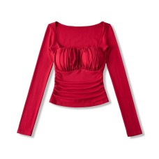 Sexy Square Neck Bone-Exposing Long Sleeve T-Shirt, Unique Pure-Sexy Style with Padded Ruffles, Waist-Cinching Design, Inner Top