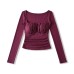 Sexy Square Neck Bone-Exposing Long Sleeve T-Shirt, Unique Pure-Sexy Style with Padded Ruffles, Waist-Cinching Design, Inner Top