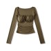 Sexy Square Neck Bone-Exposing Long Sleeve T-Shirt, Unique Pure-Sexy Style with Padded Ruffles, Waist-Cinching Design, Inner Top