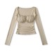 Sexy Square Neck Bone-Exposing Long Sleeve T-Shirt, Unique Pure-Sexy Style with Padded Ruffles, Waist-Cinching Design, Inner Top