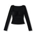Sexy Square Neck Bone-Exposing Long Sleeve T-Shirt, Unique Pure-Sexy Style with Padded Ruffles, Waist-Cinching Design, Inner Top