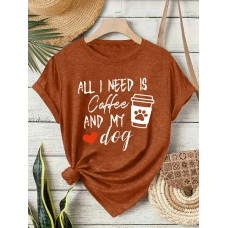 Short sleeved T-shirt with women's coffee and dog pattern round neck short sleeved shirt