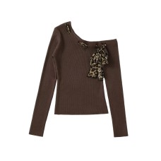 Style Retro Leopard Print Tie-Back Long Sleeve Knit Top for Women Knit Top for Women, Asymmetrical Shoulder Design, Off-Shoulder Blouse