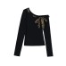 Style Retro Leopard Print Tie-Back Long Sleeve Knit Top for Women Knit Top for Women, Asymmetrical Shoulder Design, Off-Shoulder Blouse