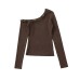Style Retro Leopard Print Tie-Back Long Sleeve Knit Top for Women Knit Top for Women, Asymmetrical Shoulder Design, Off-Shoulder Blouse