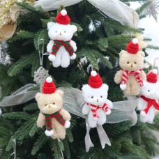 Fuzzy Bear Plush Toy with Red Hat One-Piece Bear Doll Keychain Bag Christmas Tree Ornament