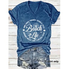 V-neck short sleeved t-shirt printed with Beach pattern