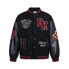 Street Style Color-Blocking Baseball Jacket, Unisex Spring Casual Loose Fit PU Leather Sleeve Flight Jacket, Couple Outerwear