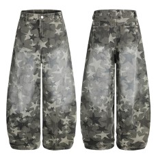 Retro All-Over Star Print Denim Pants Men Women  Design Wide Leg Straight Loose Jeans Tapered Leg Pants