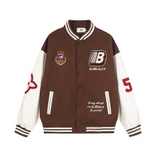 Street Style PU Leather Sleeve Patchwork Baseball Jacket for Men, Loose Fit Slimming Casual Outwear