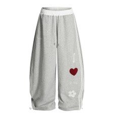 Street Style Towel Embroidery Heart Graphic Sweatpants Unisex Loose Casual Wide Leg Pants