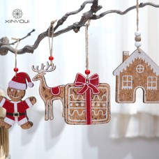 Christmas Retro Wooden Texture Gingerbread Man Deer Ornament Christmas Tree Gift Decoration Hanging Decor