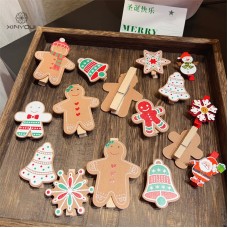 Christmas Gingerbread Man Wooden Clips DIY Snowflake Bell Gift Box Decoration Small Wood Clips  2 pcs