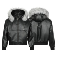 Street Retro Detachable Fur Collar Hooded PU Leather Parka Coat for Men and Women, Loose Oversized Design, Unique Style Winter Jacket