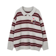 Retro Style Embroidered Badge Design Turn-Down Collar Striped Sweater for Men and Women, Couple's College Style Knitwear