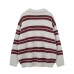 Retro Style Embroidered Badge Design Turn-Down Collar Striped Sweater for Men and Women, Couple's College Style Knitwear