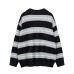 Retro Style Embroidered Badge Design Turn-Down Collar Striped Sweater for Men and Women, Couple's College Style Knitwear