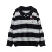 Retro Style Embroidered Badge Design Turn-Down Collar Striped Sweater for Men and Women, Couple's College Style Knitwear