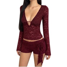 Deep V temperament splicing autumn spicy girl long sleeved top