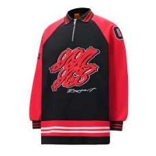 Style Color-Blocked Raglan Sleeve Letter Embroidery Turn-Down Collar Long Sleeve T-Shirt Unisex Loose Casual Top