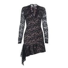 Lace long sleeved irregular hem deep V-dress