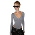 V-neck long sleeved top slim fit solid color versatile base jumpsuit