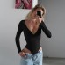 V-neck long sleeved top slim fit solid color versatile base jumpsuit
